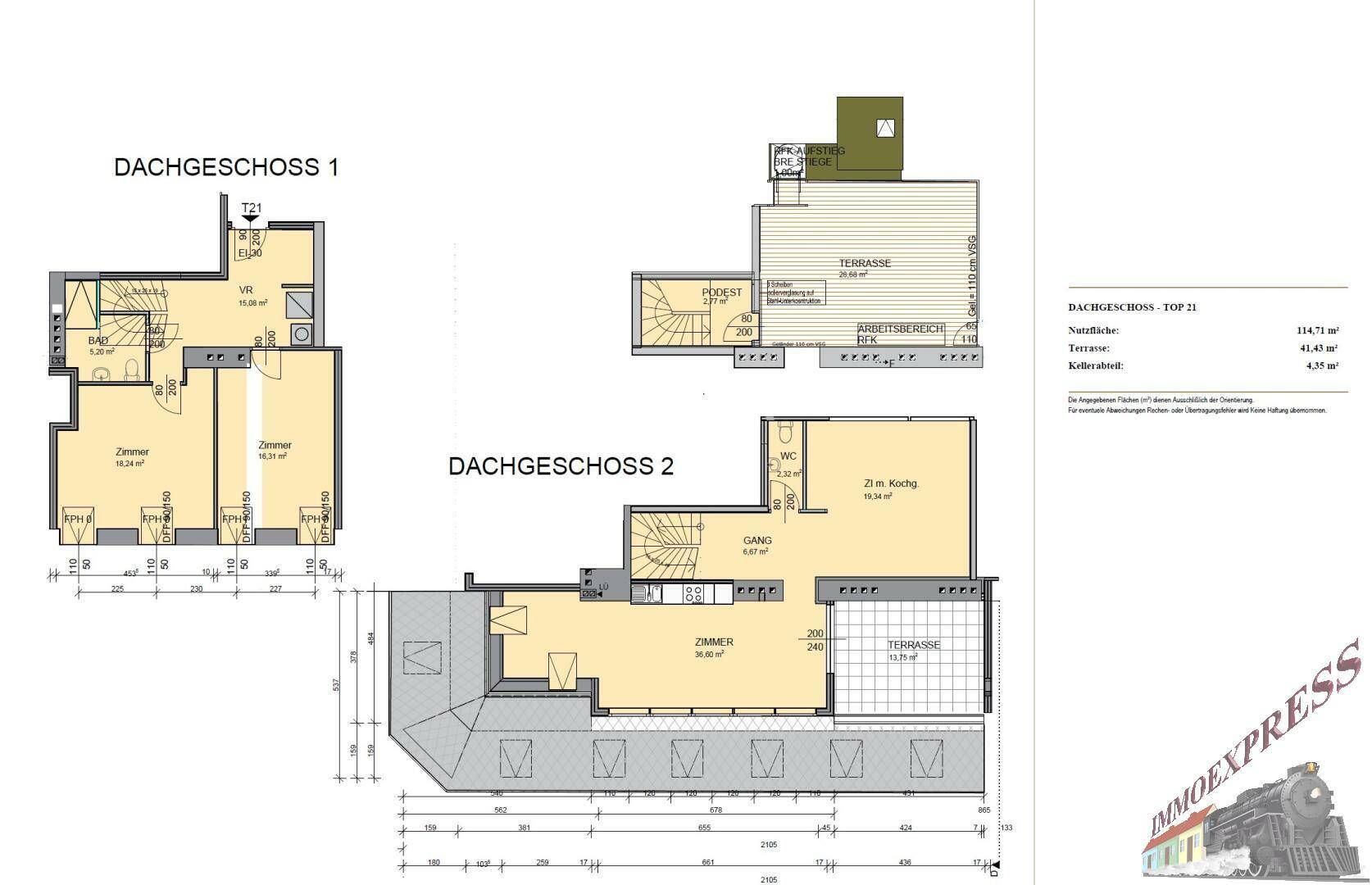 Grundrissplan des Dachgeschosses mit zwei Ebenen, Terrasse und separatem WC.