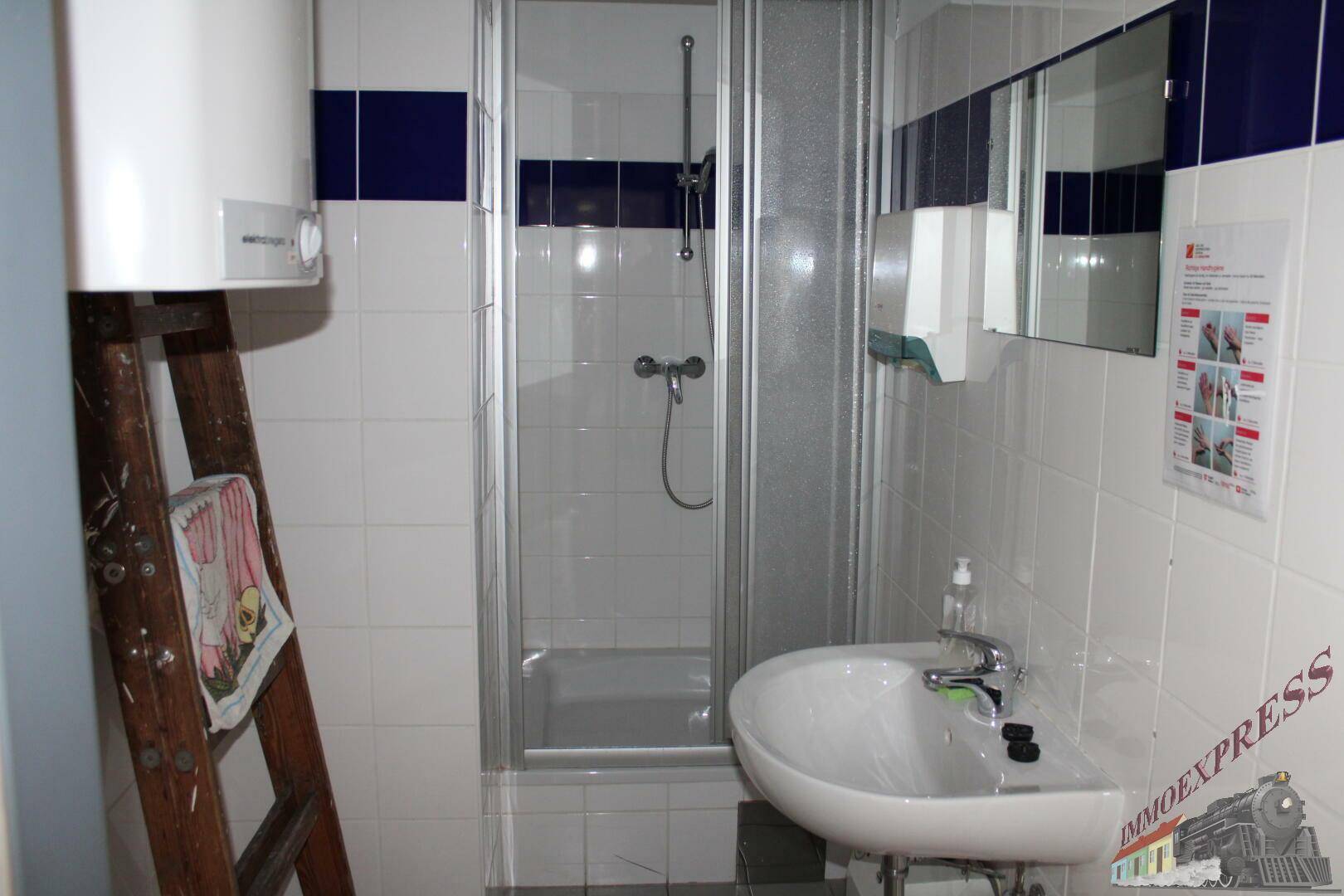 Badezimmer mit Duschkabine, Waschbecken und weiß gefliesten Wänden mit blauen Akzenten.