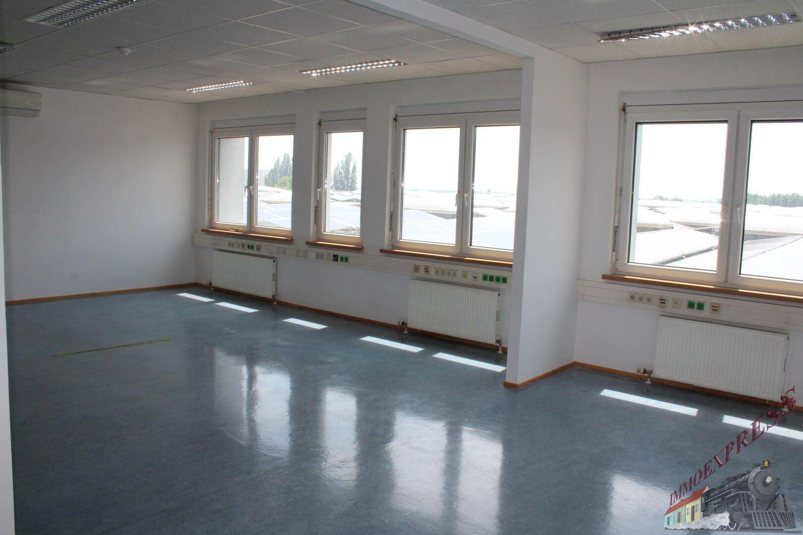 Geräumiges Büro mit glänzendem Vinylboden und vielen Fenstern, die den Raum mit Licht füllen.