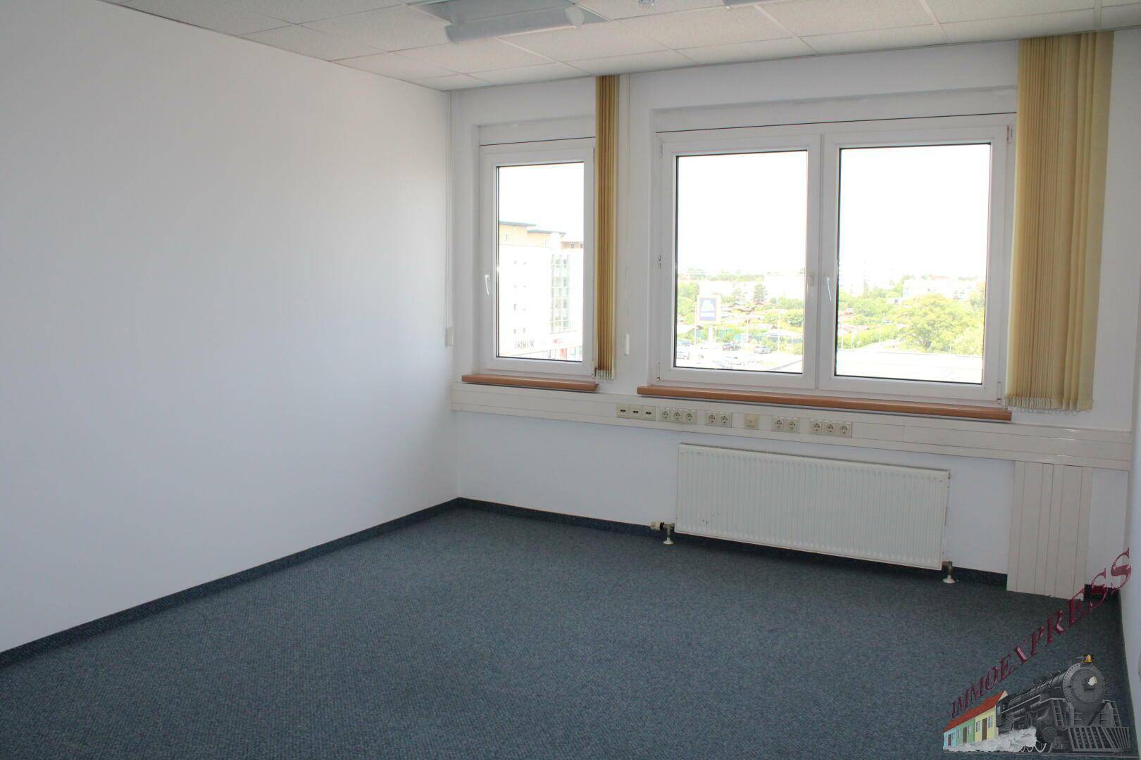 Büroraum mit blauem Teppichboden, großen Fenstern und Heizkörpern, ideal für eine ruhige Arbeitsumgebung.
