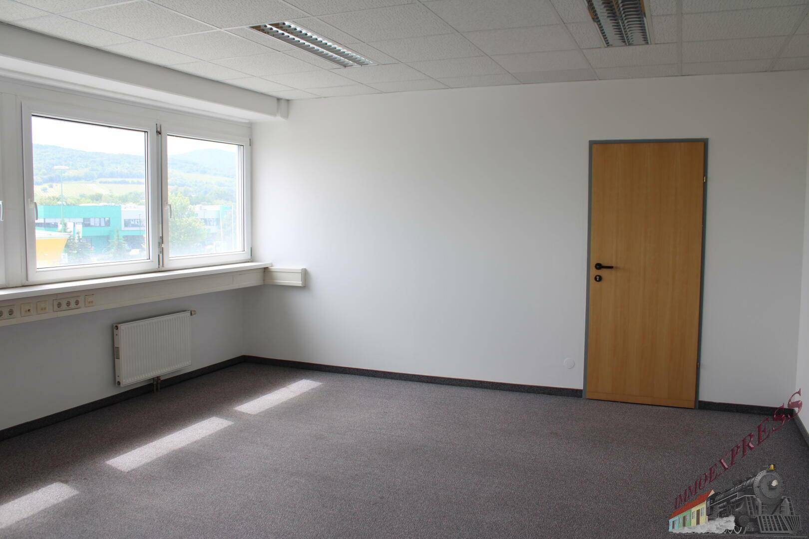 Geräumiges Büro mit Teppichboden, großen Fenstern und Blick auf die Umgebung.