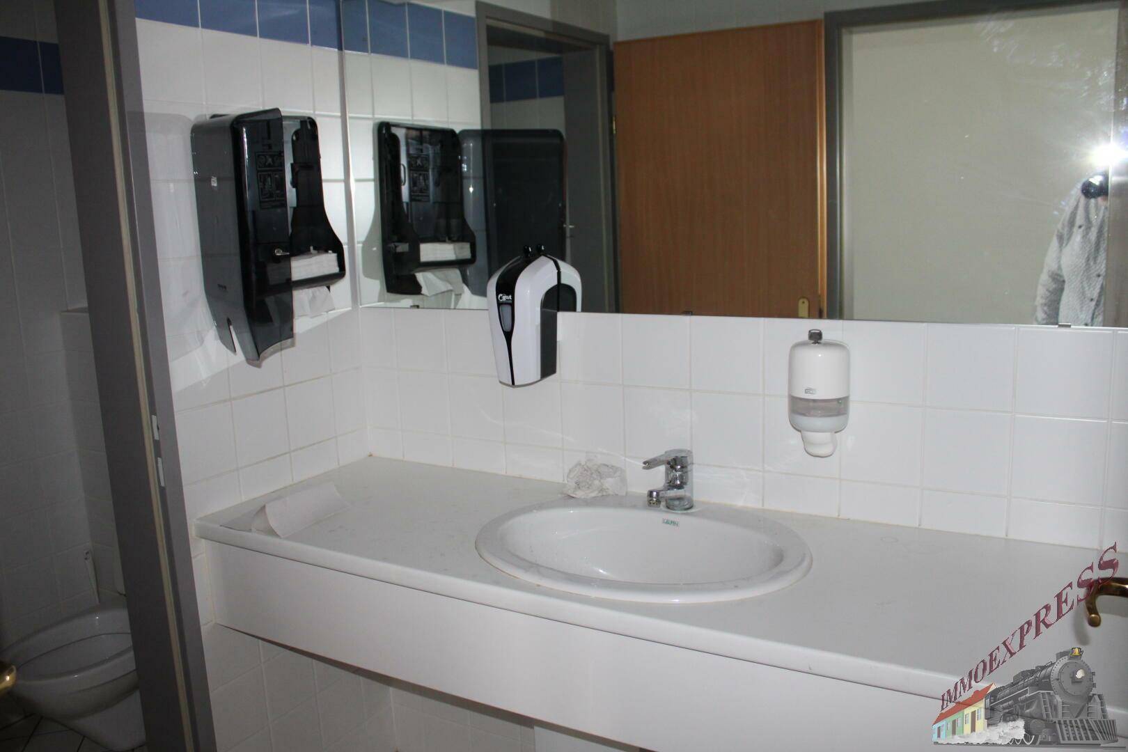 Waschraum mit großem Spiegel, Waschbecken und Seifenspendern, ideal für gewerbliche Nutzung.