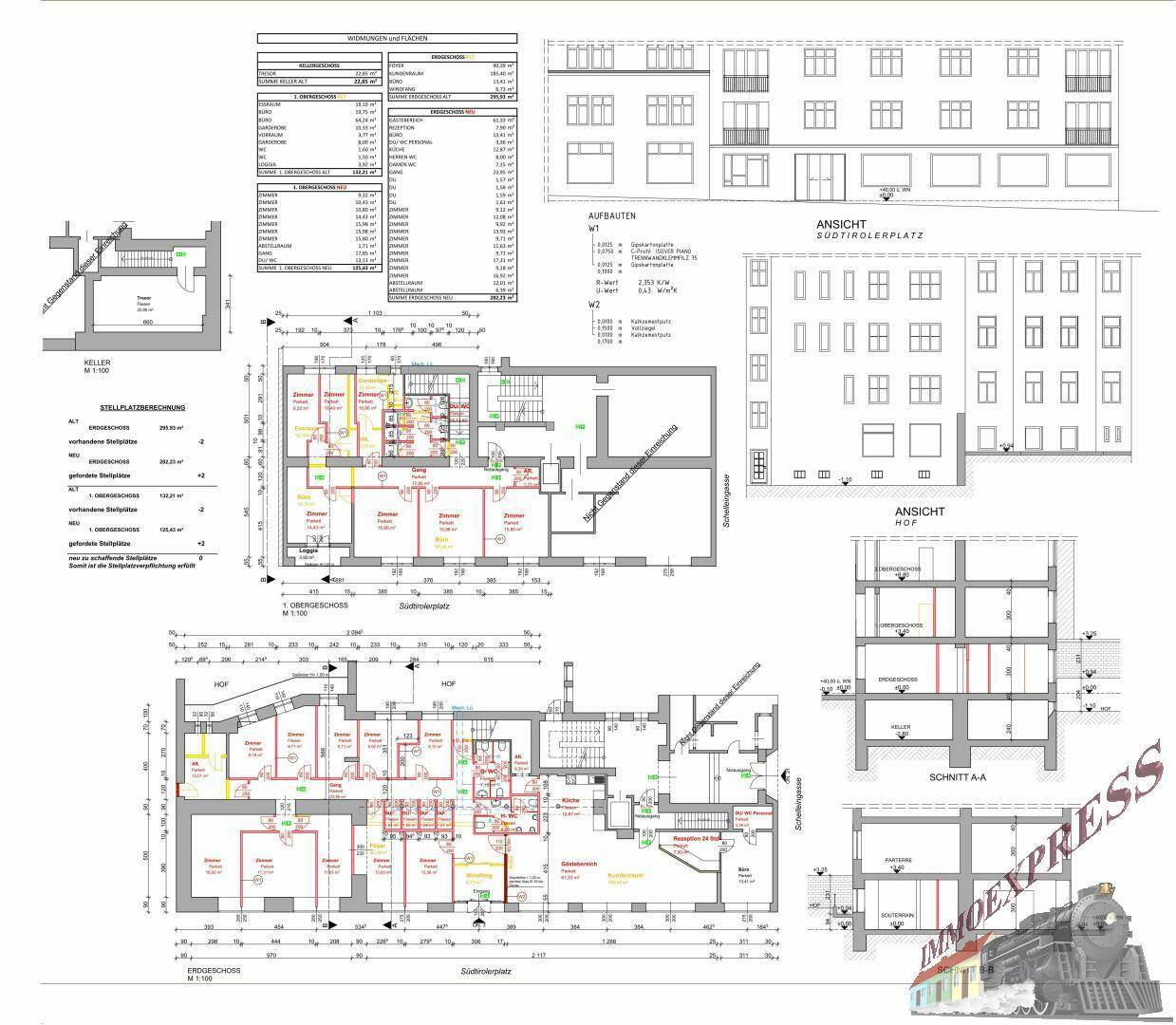Detaillierter Grundrissplan des Gebäudes mit verschiedenen Etagen und Ansichten der Fassaden.