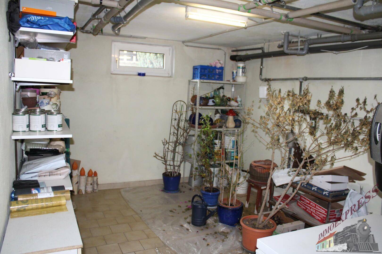 Abstellraum im Keller mit Regalen und verschiedenen Lagergegenständen.