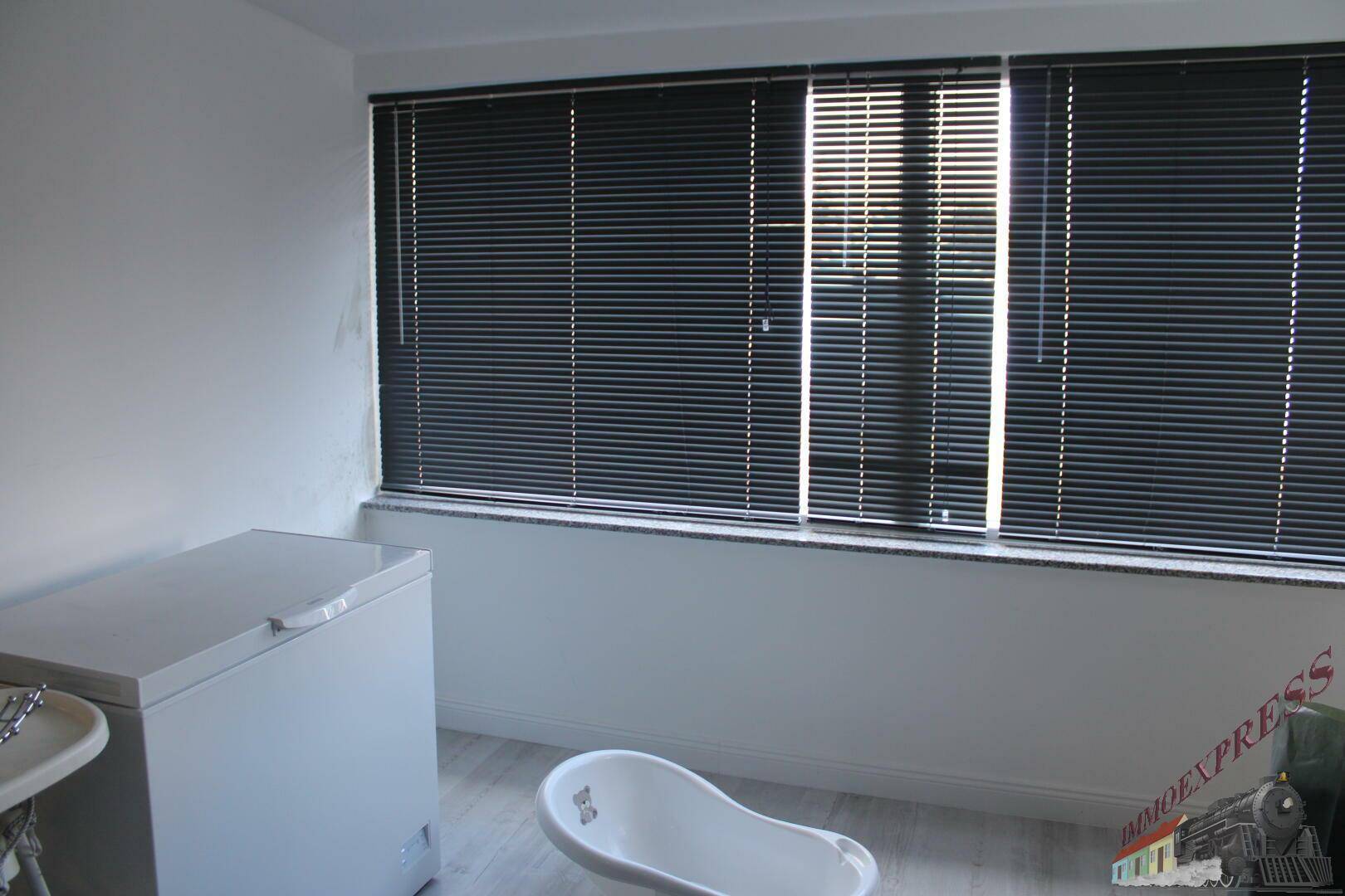 Hauswirtschaftsraum mit Fenster, Gefriertruhe und kleiner Badewanne.