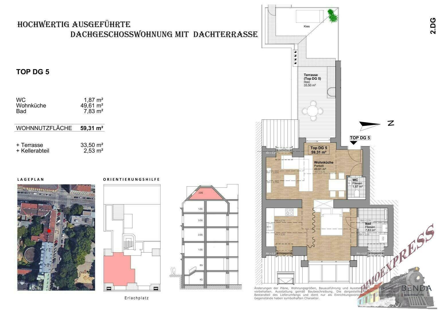 Detaillierter Grundriss einer Dachgeschosswohnung mit großer Terrasse und Kellerabteil.