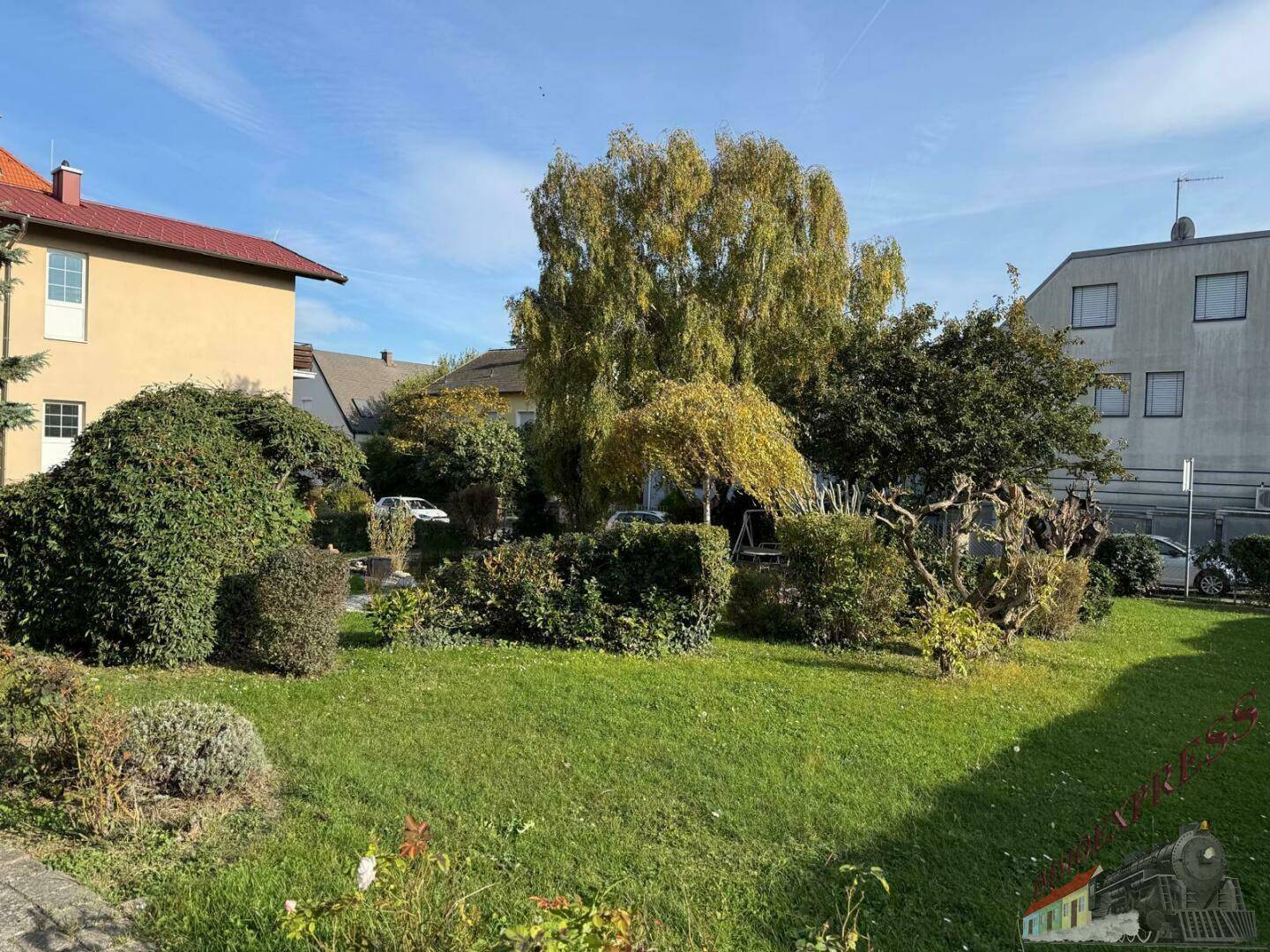 Weitläufiger, sonniger Gartenbereich mit Rasenfläche und altem Baumbestand.