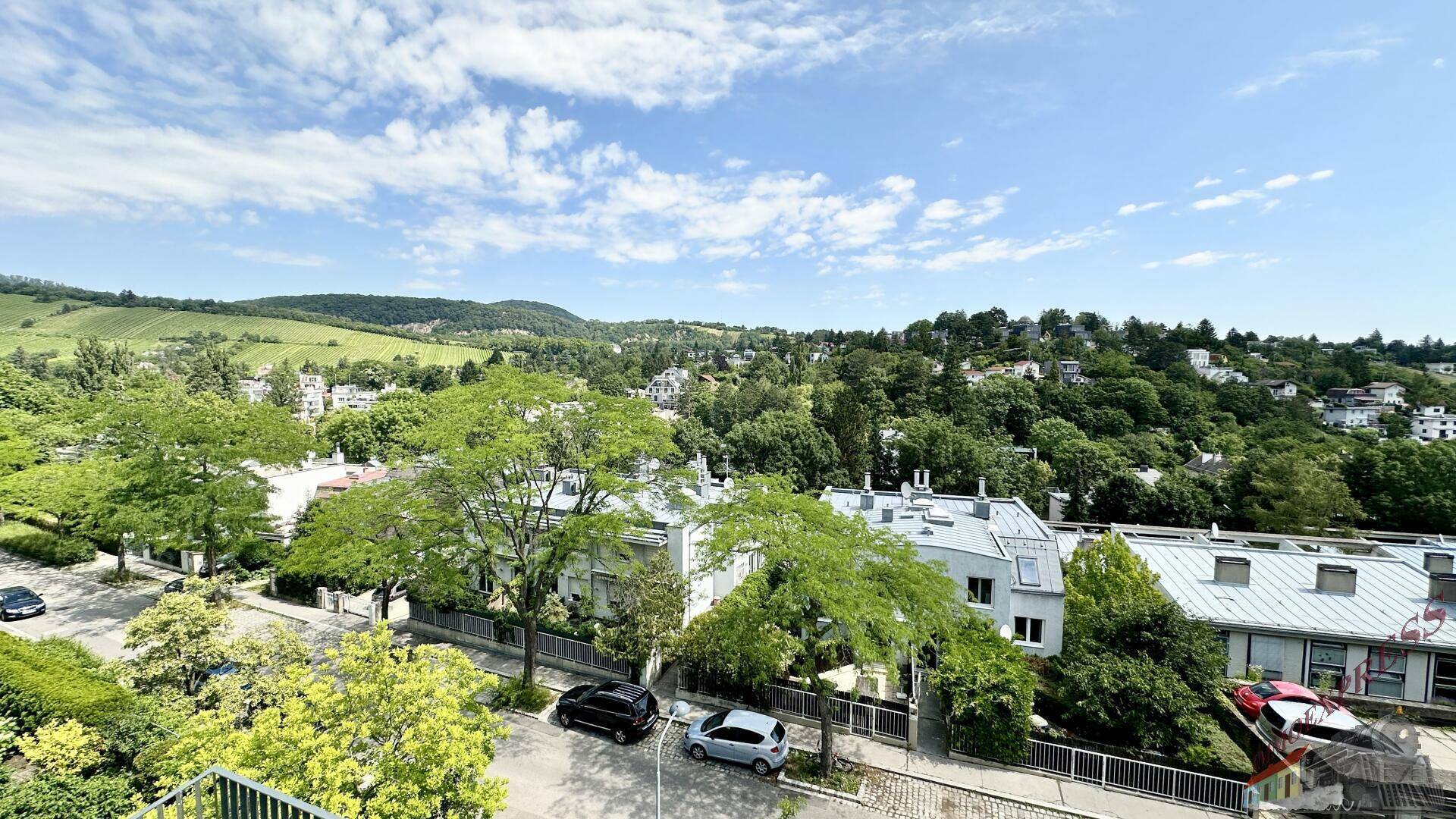 Panoramablick über eine grüne Wohngegend mit Bäumen und Häusern unter blauem Himmel.
