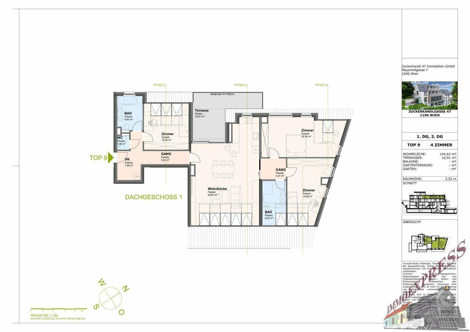 Grundrissplan des Dachgeschosses mit Wohnküche, drei Zimmern, zwei Bädern und Terrasse.