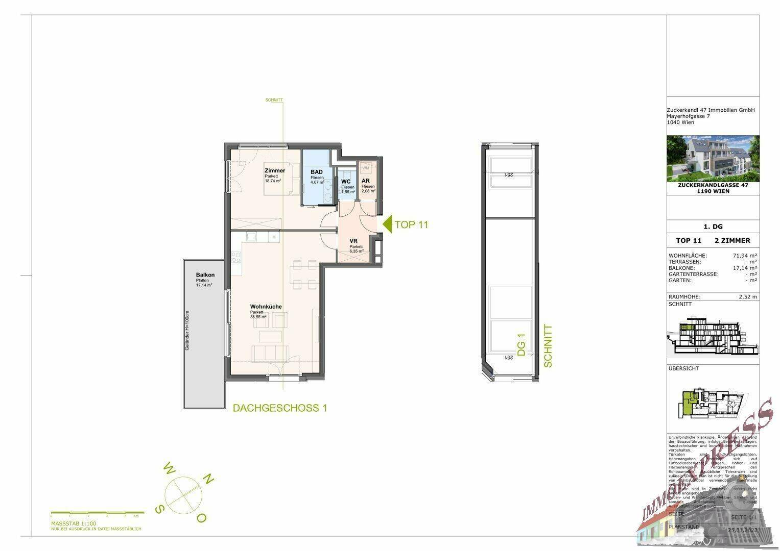 Grundriss des Dachgeschosses Top 11 mit Wohnküche, Schlafzimmer und Balkon.