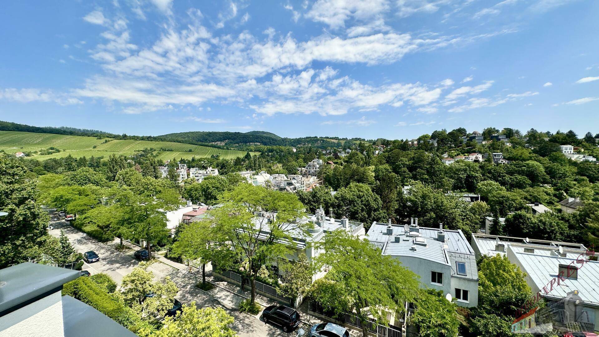 Weitläufiger Blick von der Terrasse über die grüne Umgebung und die darunterliegende Straße.