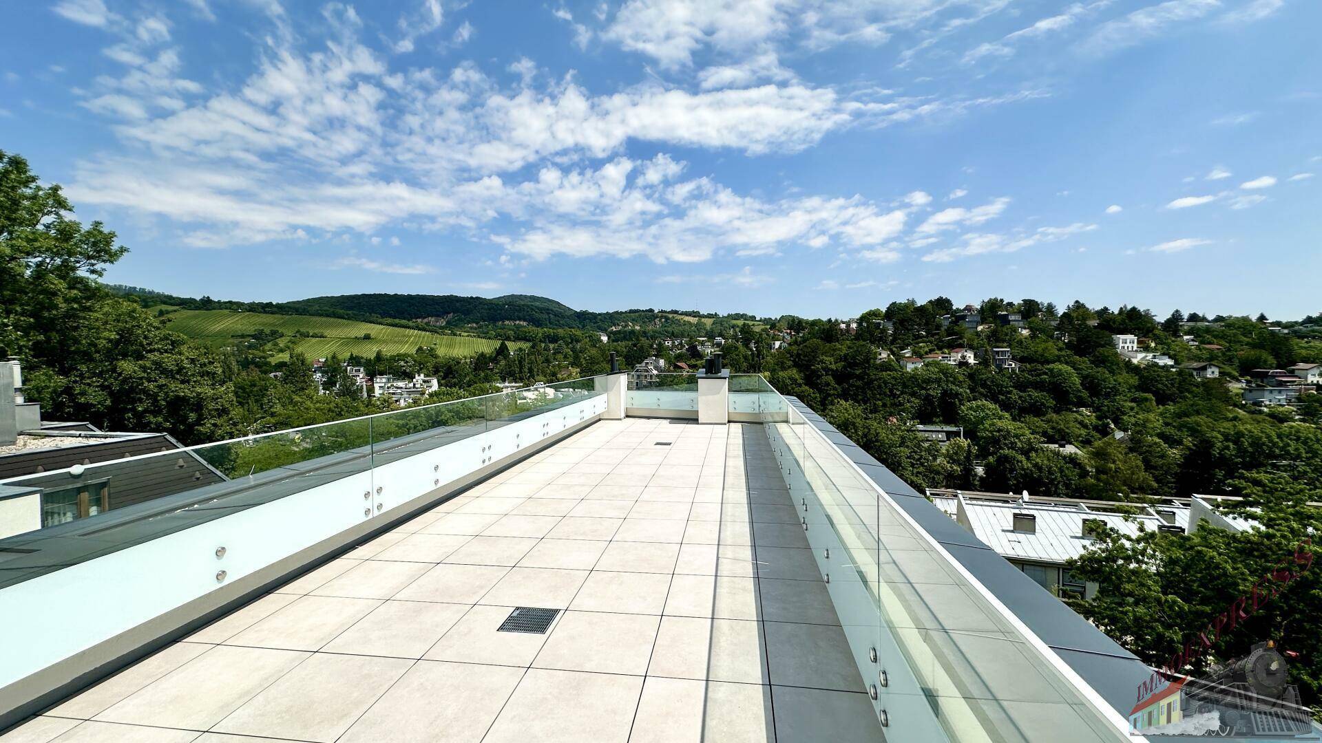 Weitläufige Dachterrasse mit Panoramablick über die grüne Landschaft und den Himmel.