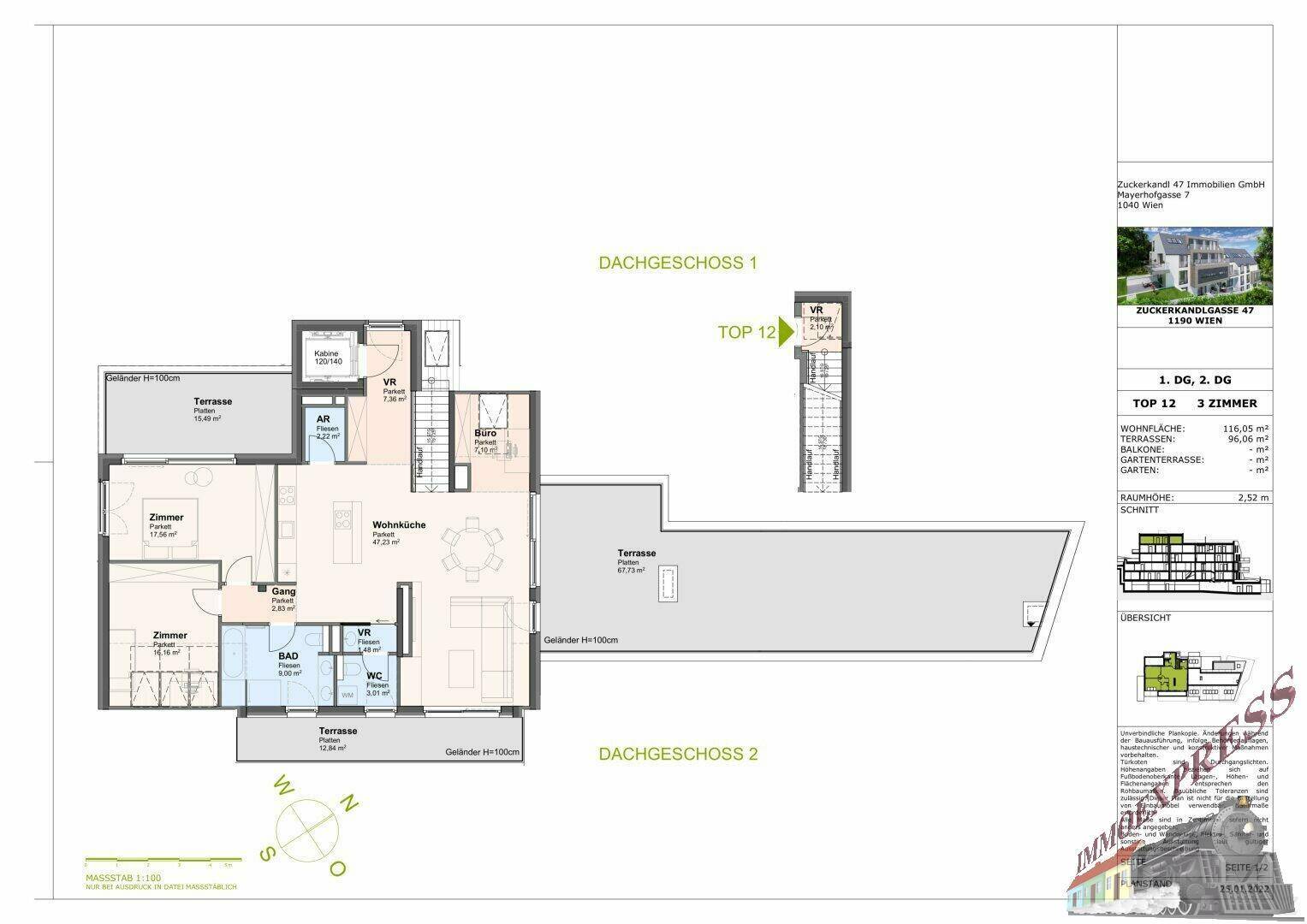 Detaillierter Grundriss des Dachgeschosses mit mehreren Zimmern und großer Terrasse.