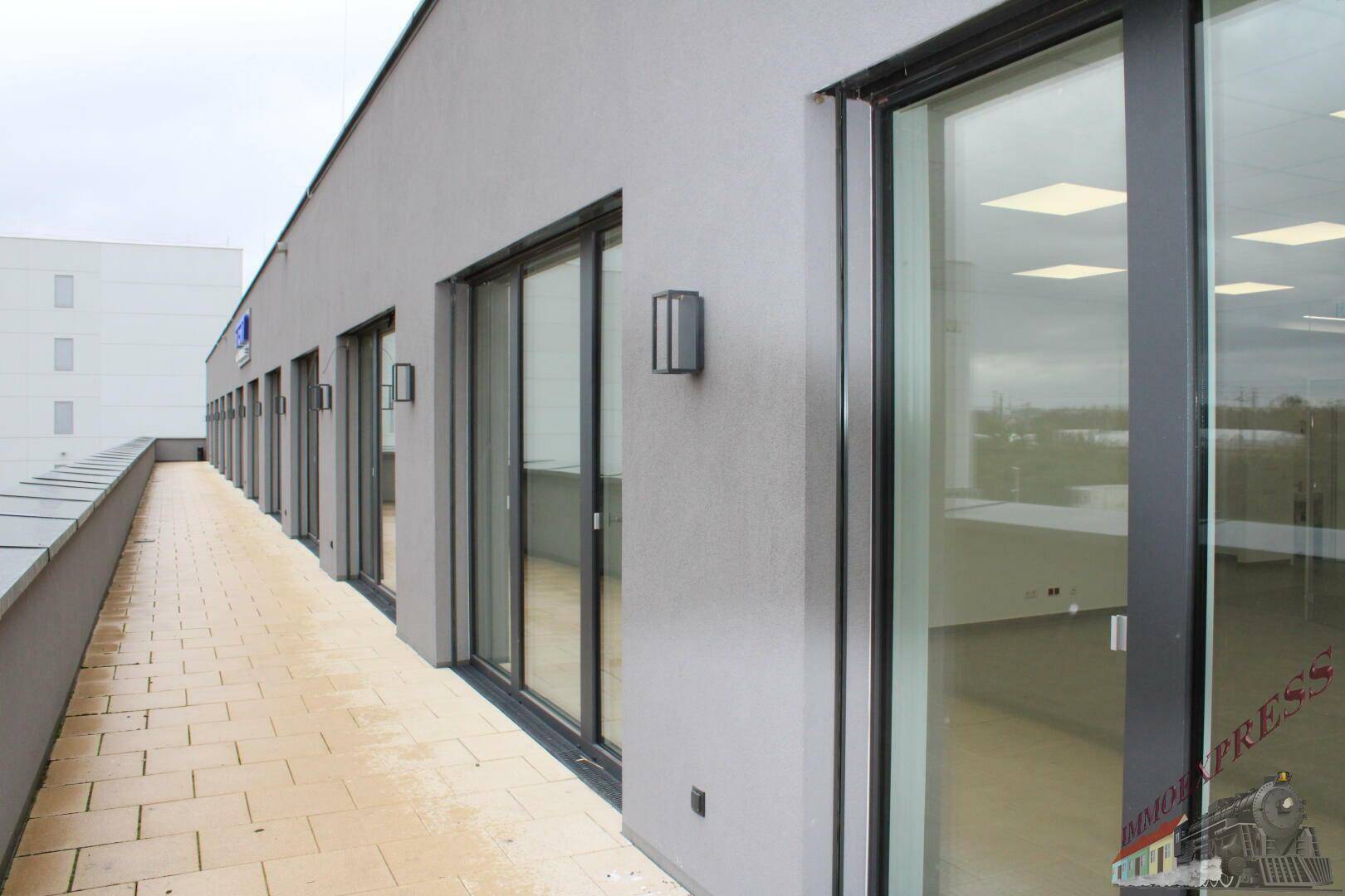 Lange, gepflasterte Terrasse entlang der modernen Gebäudefassade mit vielen Fenstern und Außenbeleuchtung.
