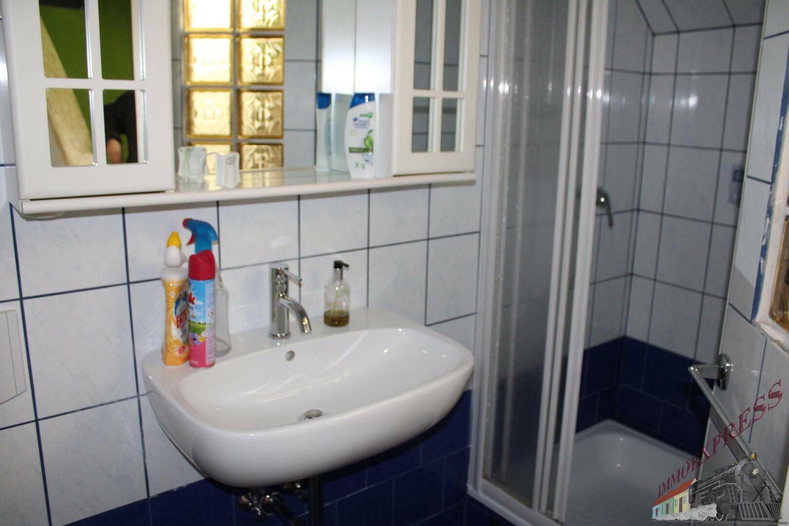 Badezimmer mit Dusche, Waschbecken und blauen sowie weißen Fliesen.