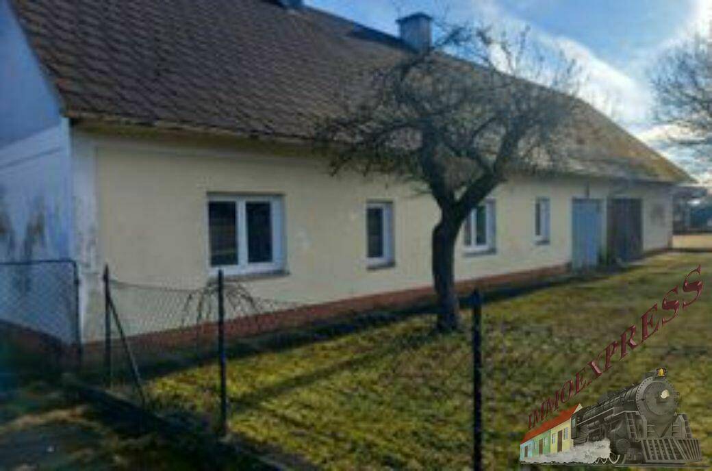 Seitenansicht des Hauses mit gelber Fassade, Fenstern und einem alten Baum im Vorgarten.