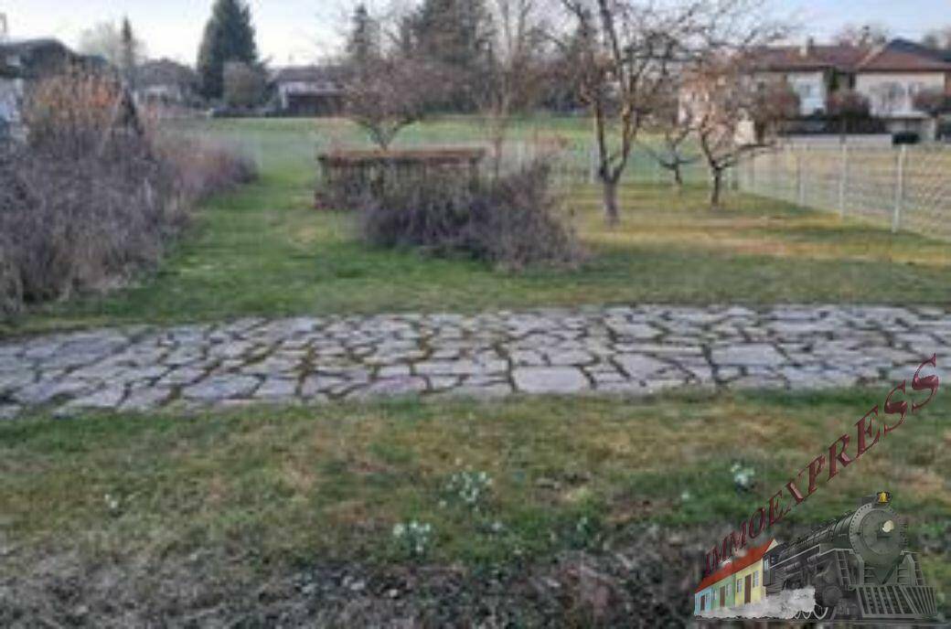 Gepflasterter Steinweg führt durch eine grüne Wiese mit Bäumen und angrenzenden Häusern.