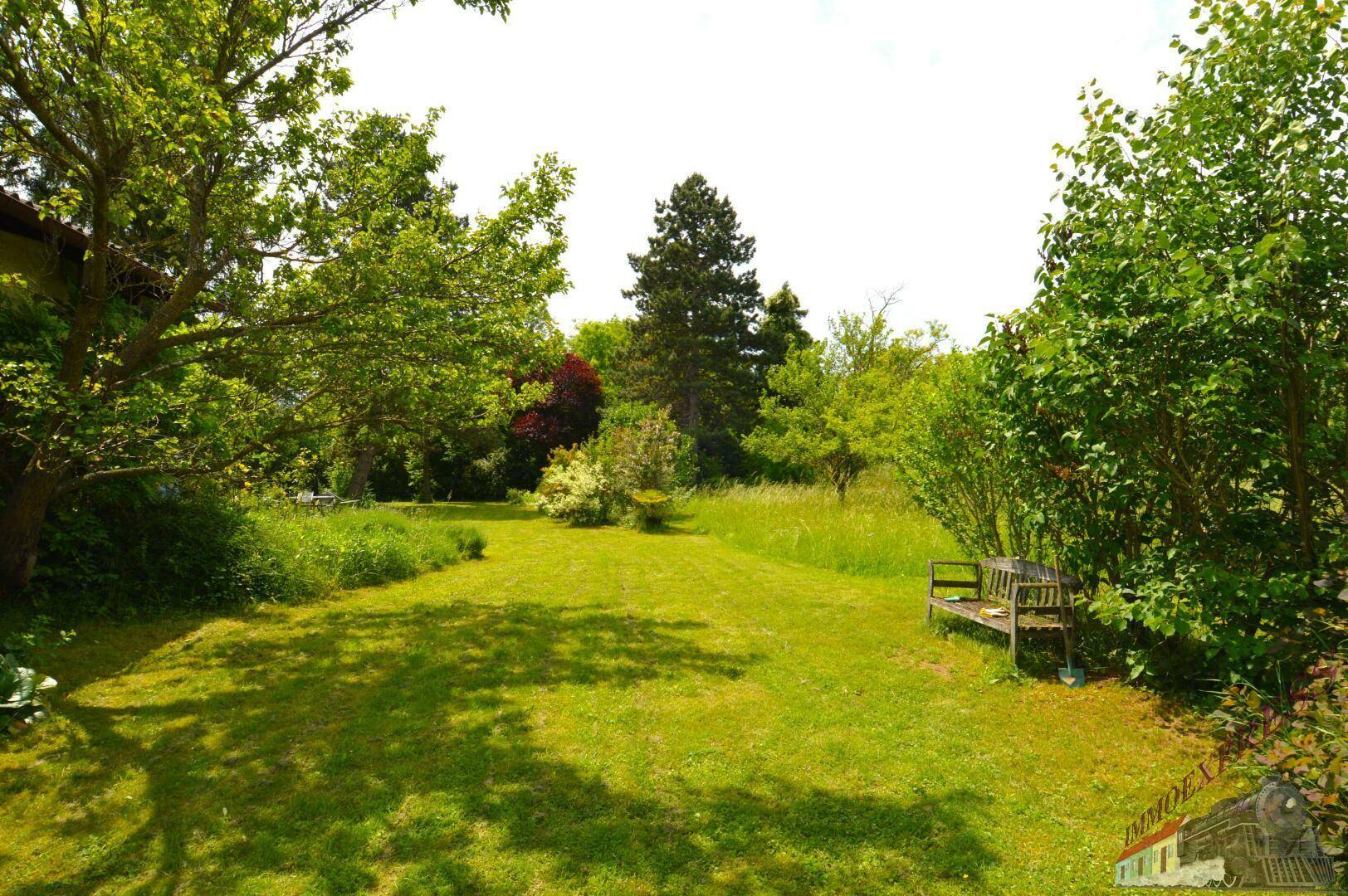 Idyllischer Gartenbereich mit Rasenfläche, Bäumen und einer Holzbank zum Entspannen.