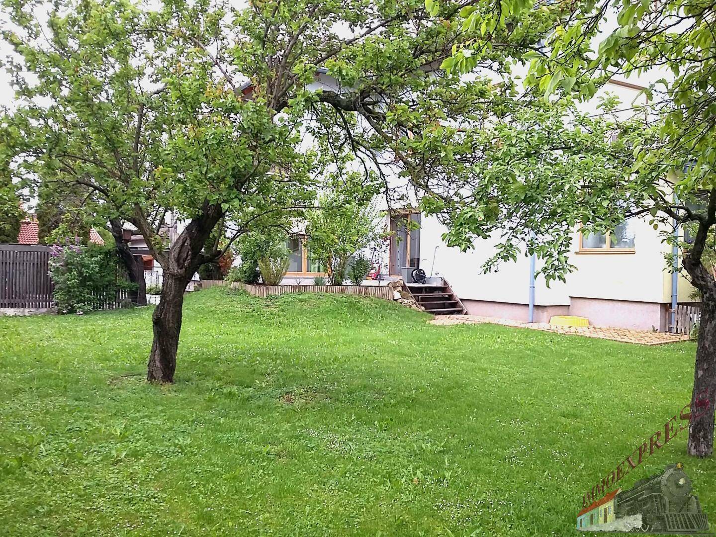 Großer grüner Garten mit Rasenfläche, alten Obstbäumen und kleiner Terrasse hinter dem Haus.