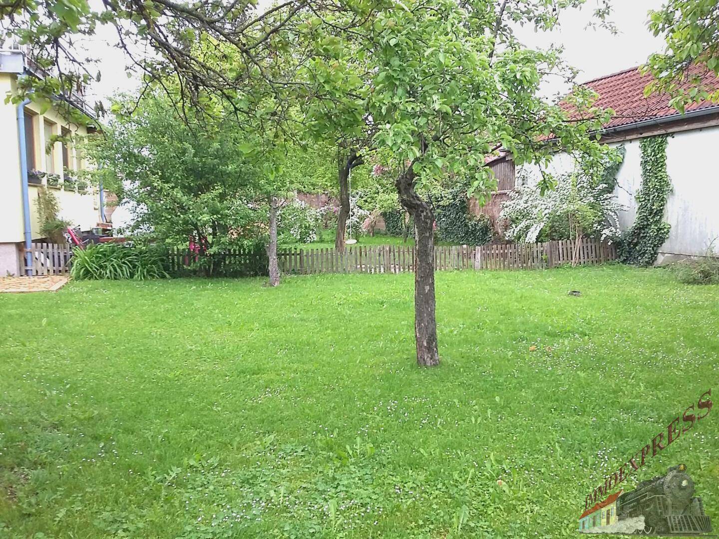 Weitläufiger Garten mit Rasenfläche, Obstbäumen und einem Holzzaun im Hintergrund.