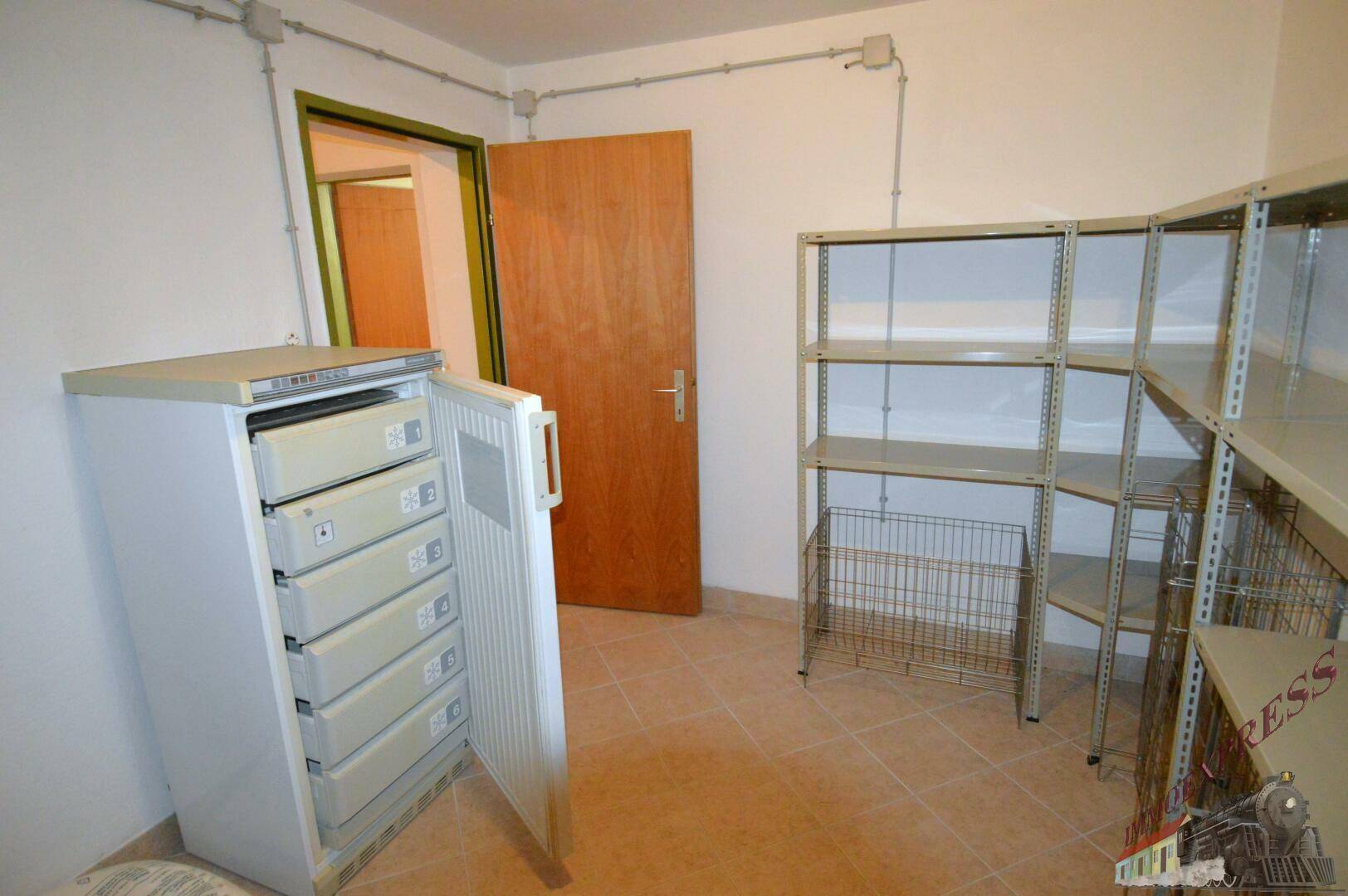 Lagerraum im Keller mit Regalen und Gefrierschrank für zusätzliche Vorräte.