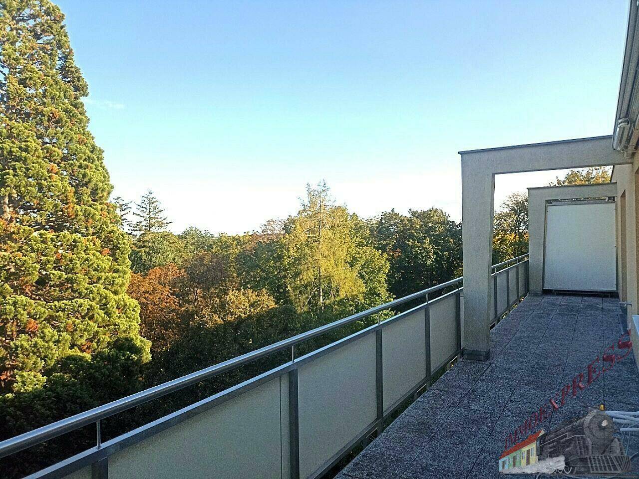 Geräumiger Balkon mit Metallgeländer und weitem Blick ins Grüne und auf hohe Bäume.