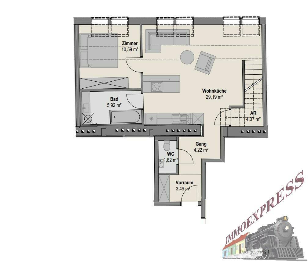 Grundriss des ersten Dachgeschosses mit offener Wohnküche, Schlafzimmer und Bad.