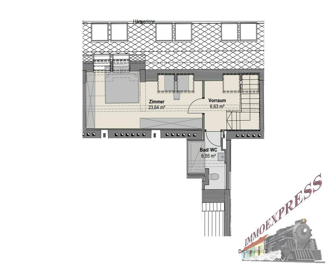 Grundriss des zweiten Dachgeschosses mit Schlafzimmer, Bad/WC und einem geräumigen Vorraum.
