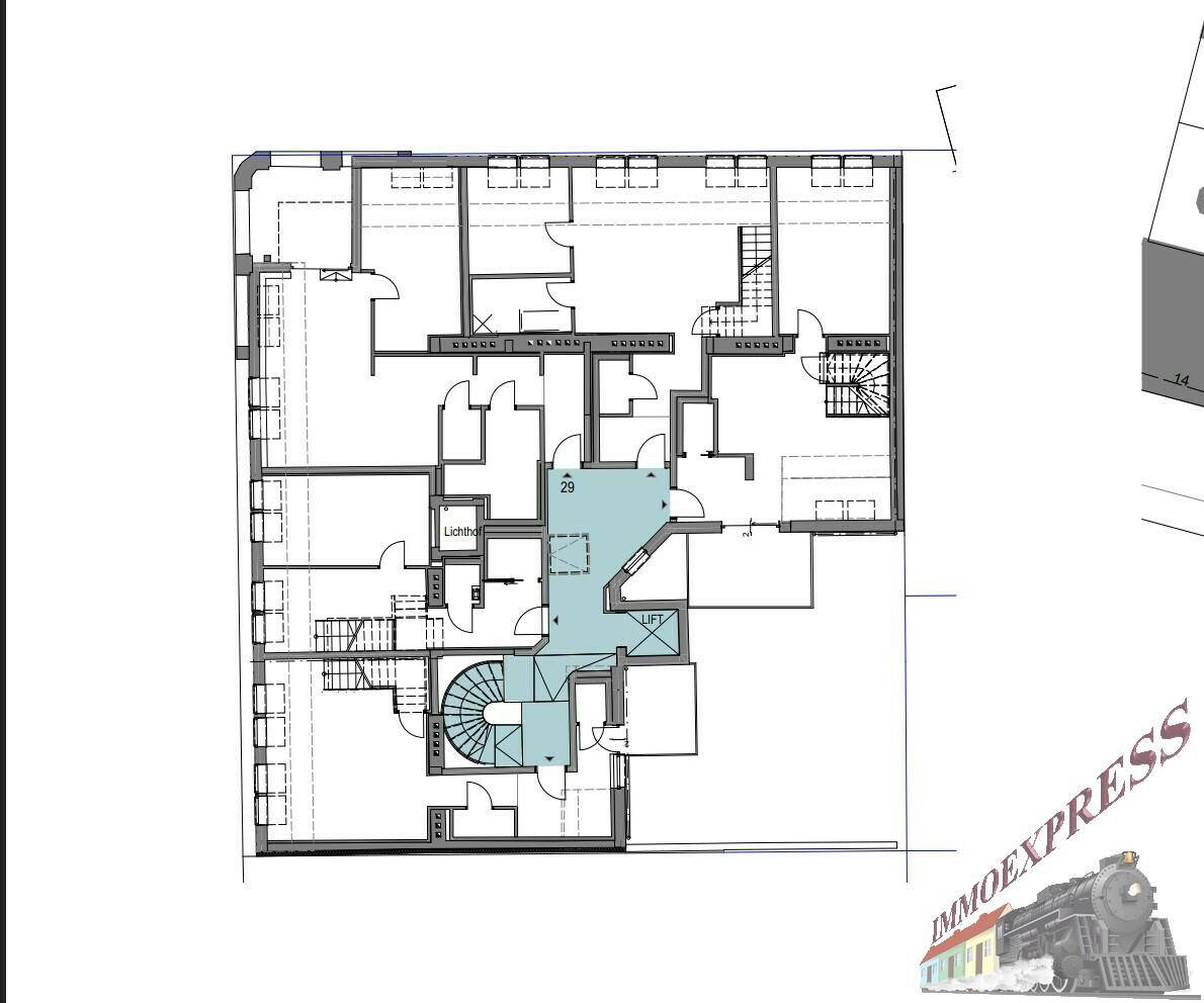 Grundriss des gesamten Stockwerks mit mehreren Wohneinheiten, Treppenhaus und Lichthof.