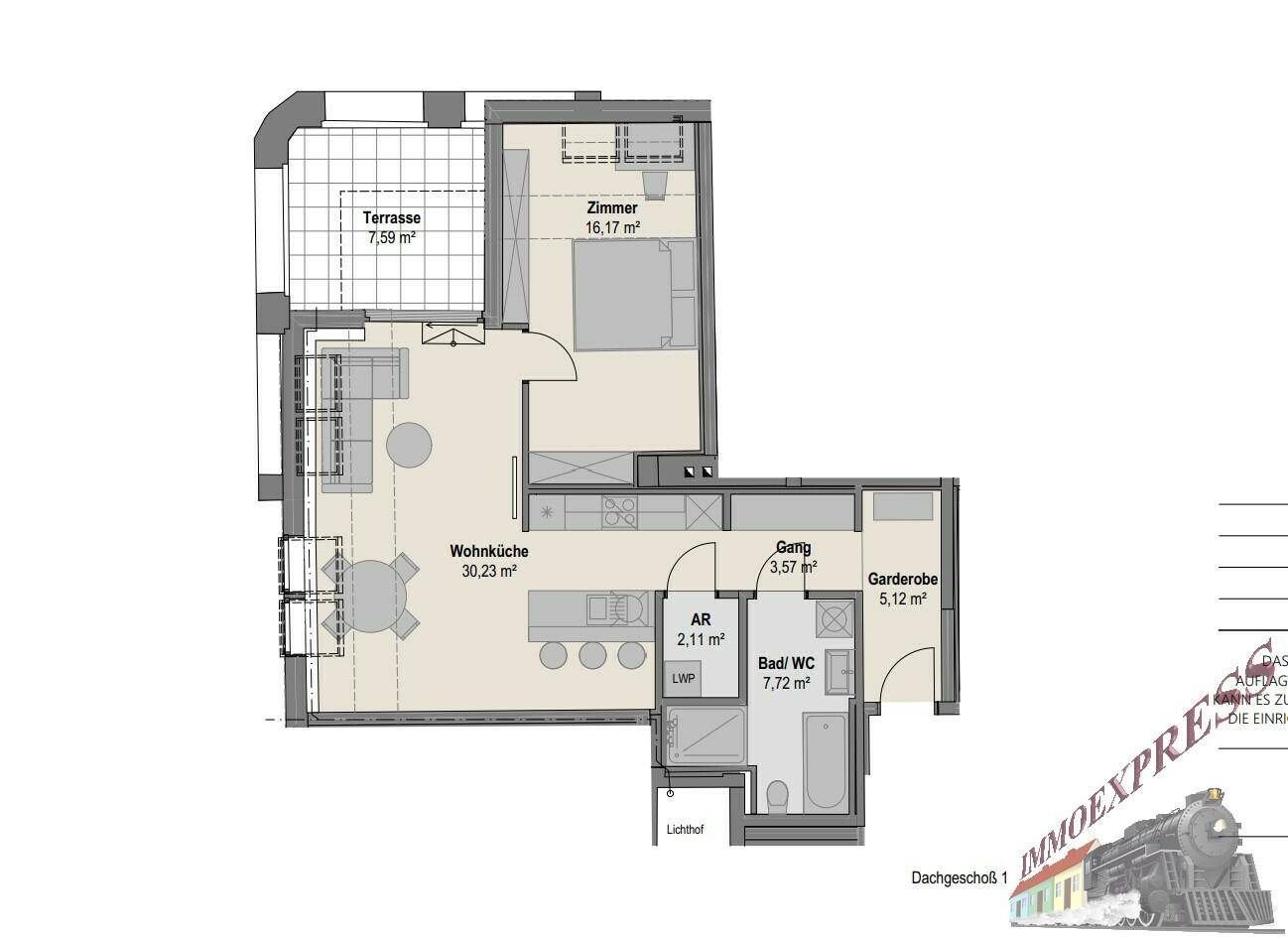 Grundriss der Dachgeschosswohnung mit Wohnküche, Schlafzimmer, Bad und Terrasse.