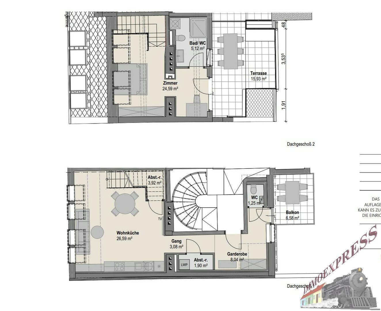 Grundrissplan der Dachgeschosse mit Wohnküche, Zimmern, Balkon und Terrasse.