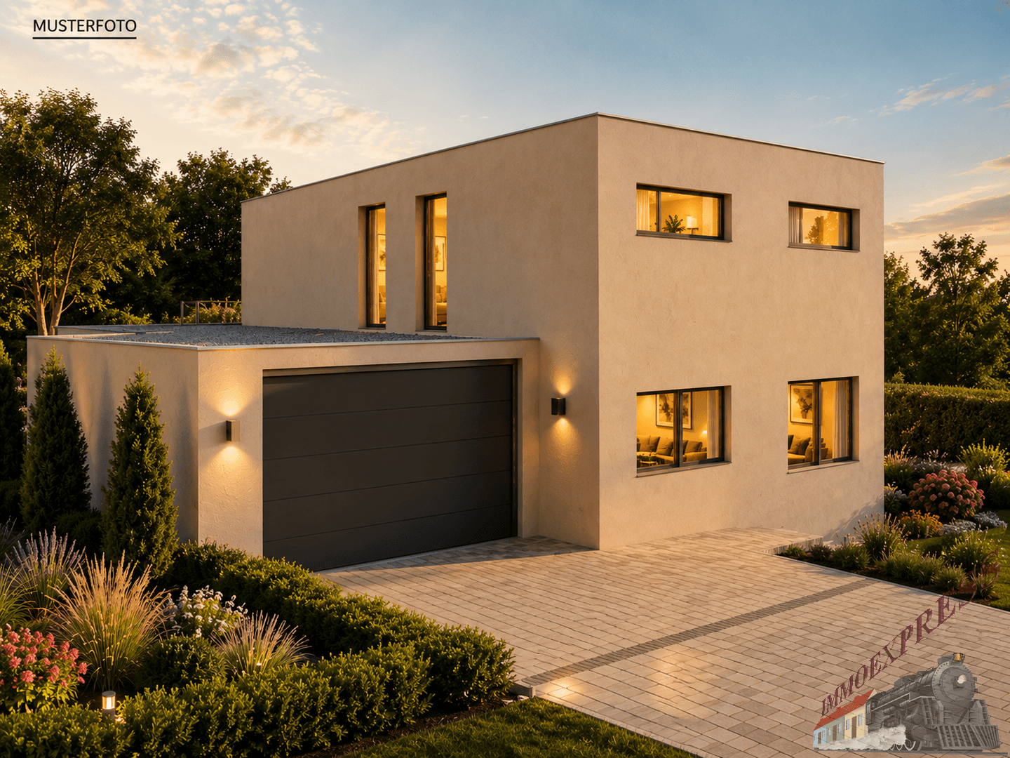 Seitenansicht eines modernen Einfamilienhauses mit Garage, gepflasterter Auffahrt und angelegtem Gartenbereich.