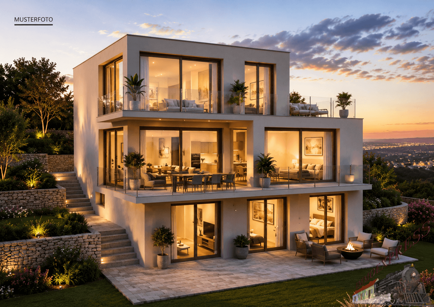 Luxuriöse, mehrstöckige Villa mit großzügigen Terrassen, Glasfassaden und Panoramablick in der Abenddämmerung.