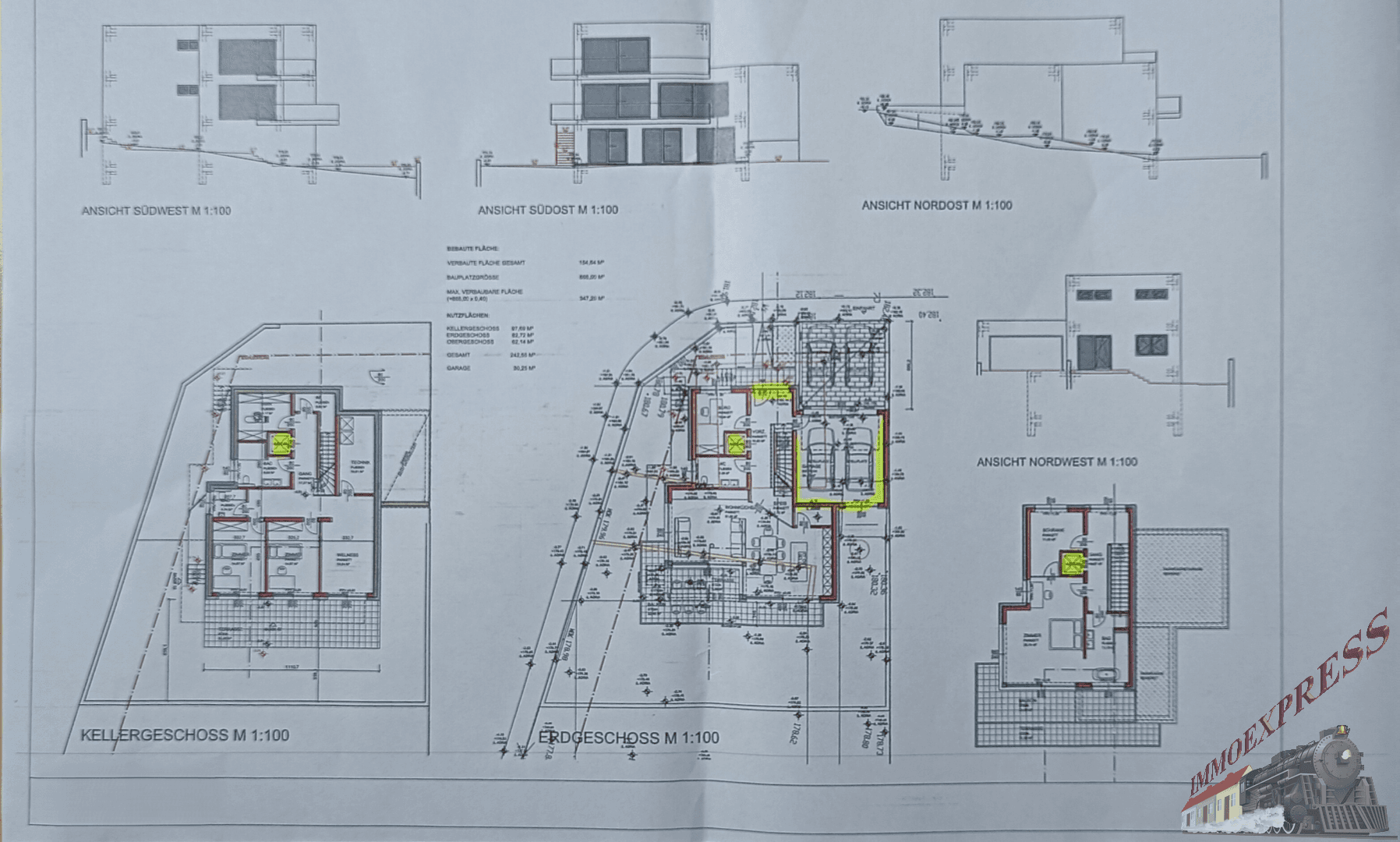 Umfassender Architekturplan mit Grundrissen für Keller- und Erdgeschoss sowie verschiedenen Ansichten des Gebäudes.