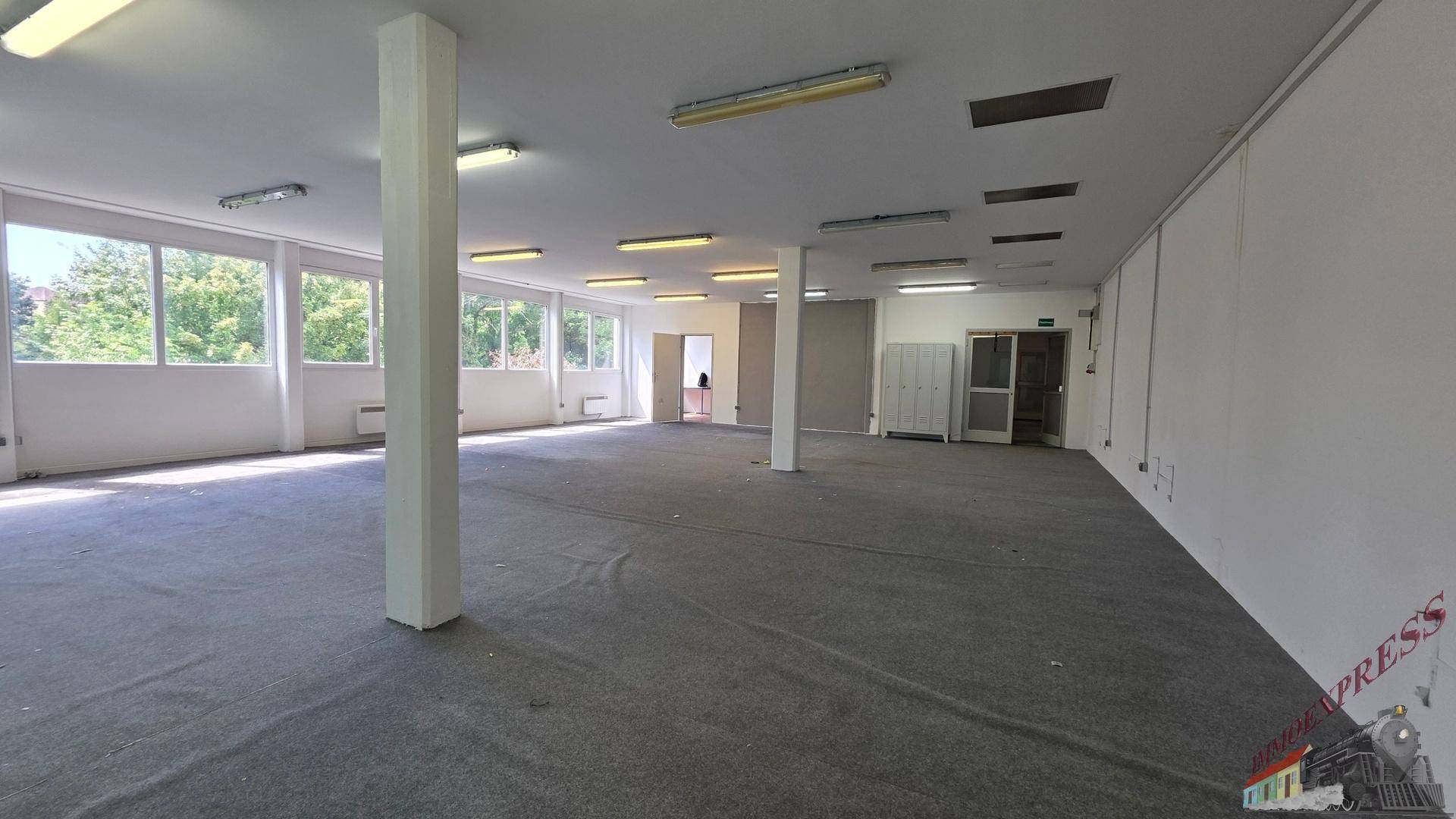 Geräumiger, leerer Gewerberaum mit dunklem Teppichboden, weißen Wänden und vielen Fenstern.