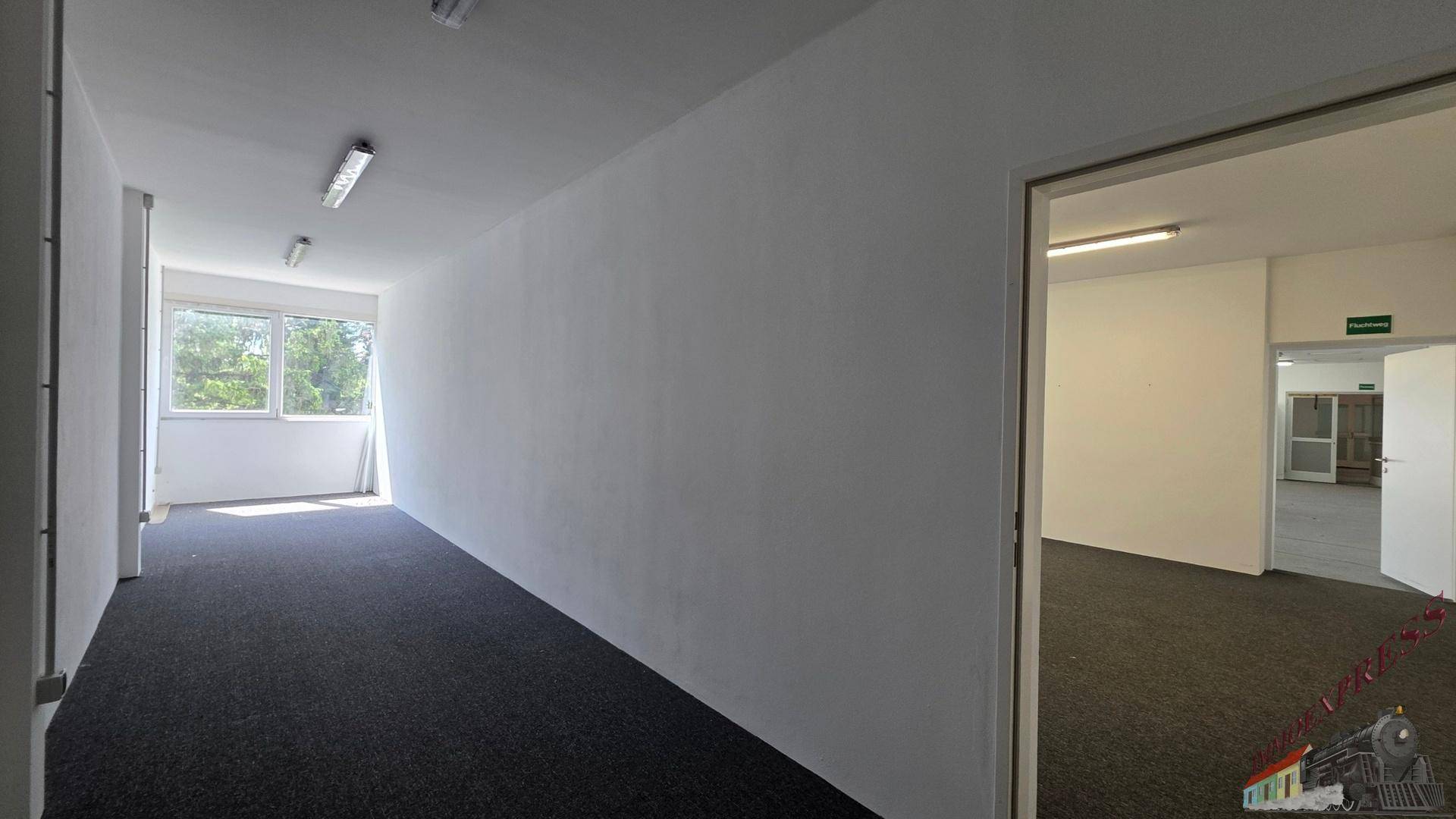 Langer, leerer Gewerberaum mit dunklem Teppichboden, weißen Wänden und Fenstern am Ende.