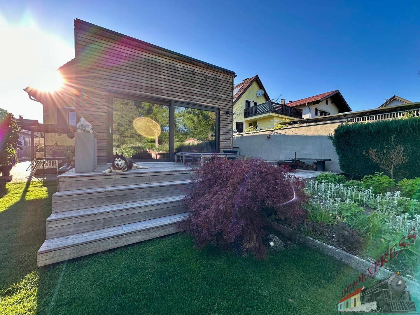 Sonnige Holzterrasse mit Garten, Pflanzen und Blick auf das modernisierte Haus.