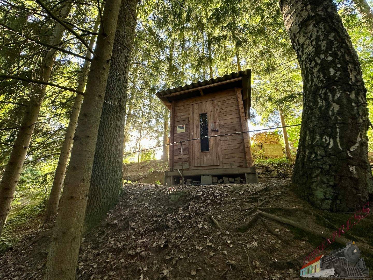 Kleine Holzhütte im Wald, umgeben von hohen Bäumen und natürlicher Umgebung.