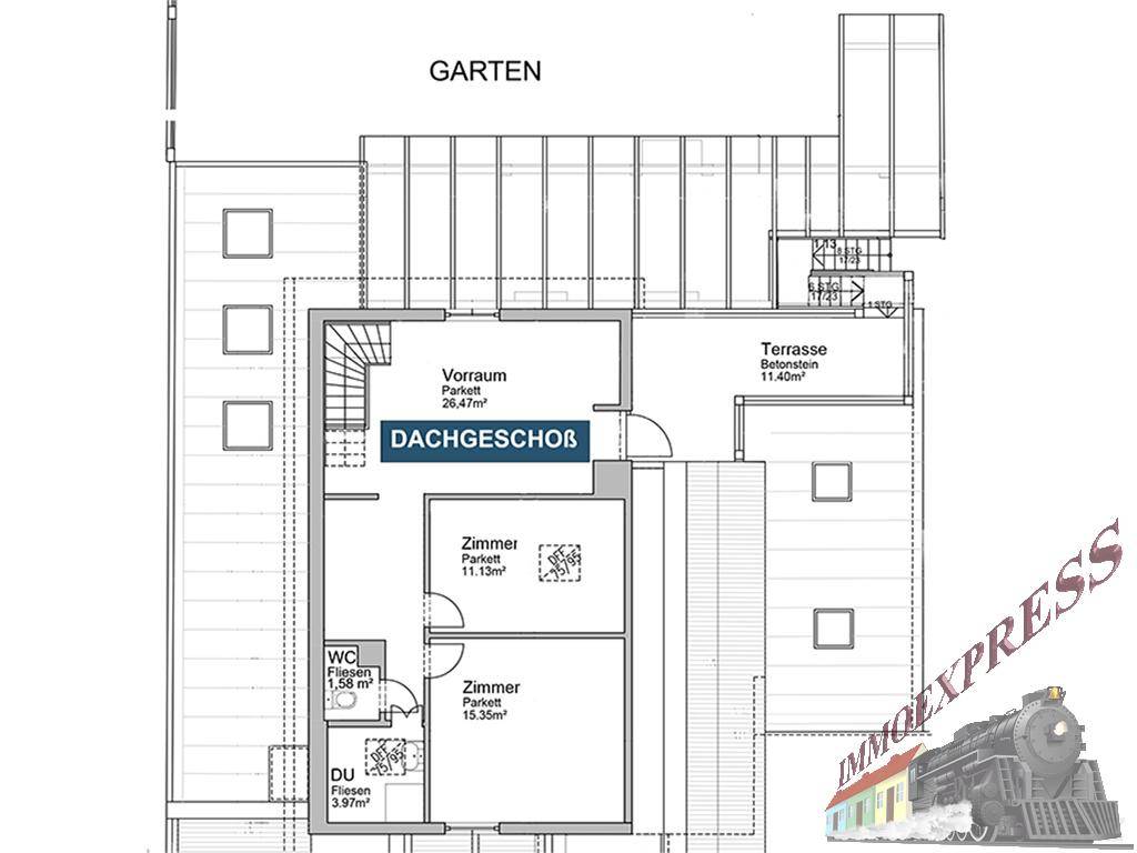 Grundriss des Dachgeschosses mit Zimmern, WC, Dusche und großer Terrasse, effizient genutzt.