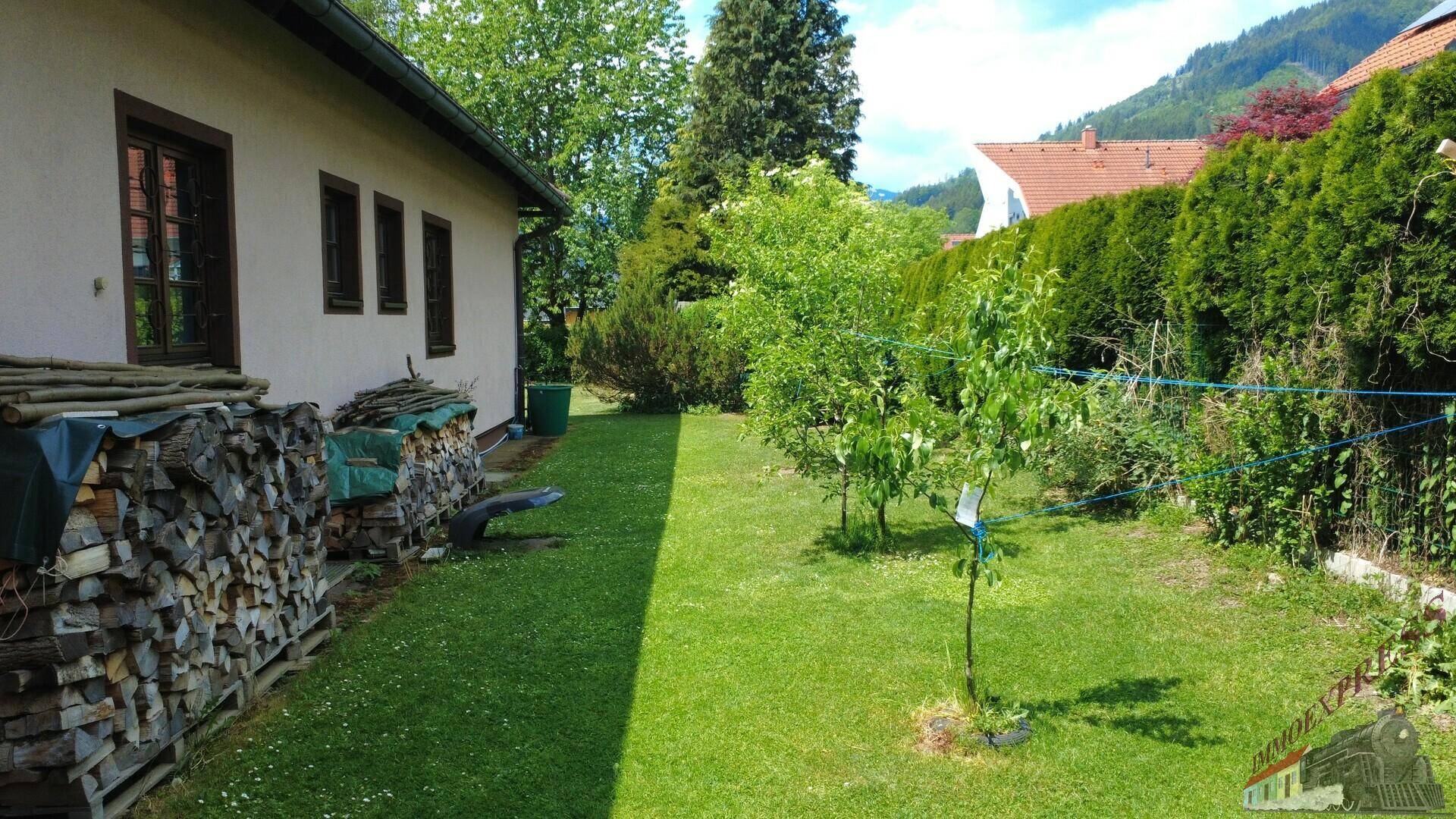 Seitenbereich des Hauses mit gestapeltem Brennholz und einer Wiese mit Obstbäumen.