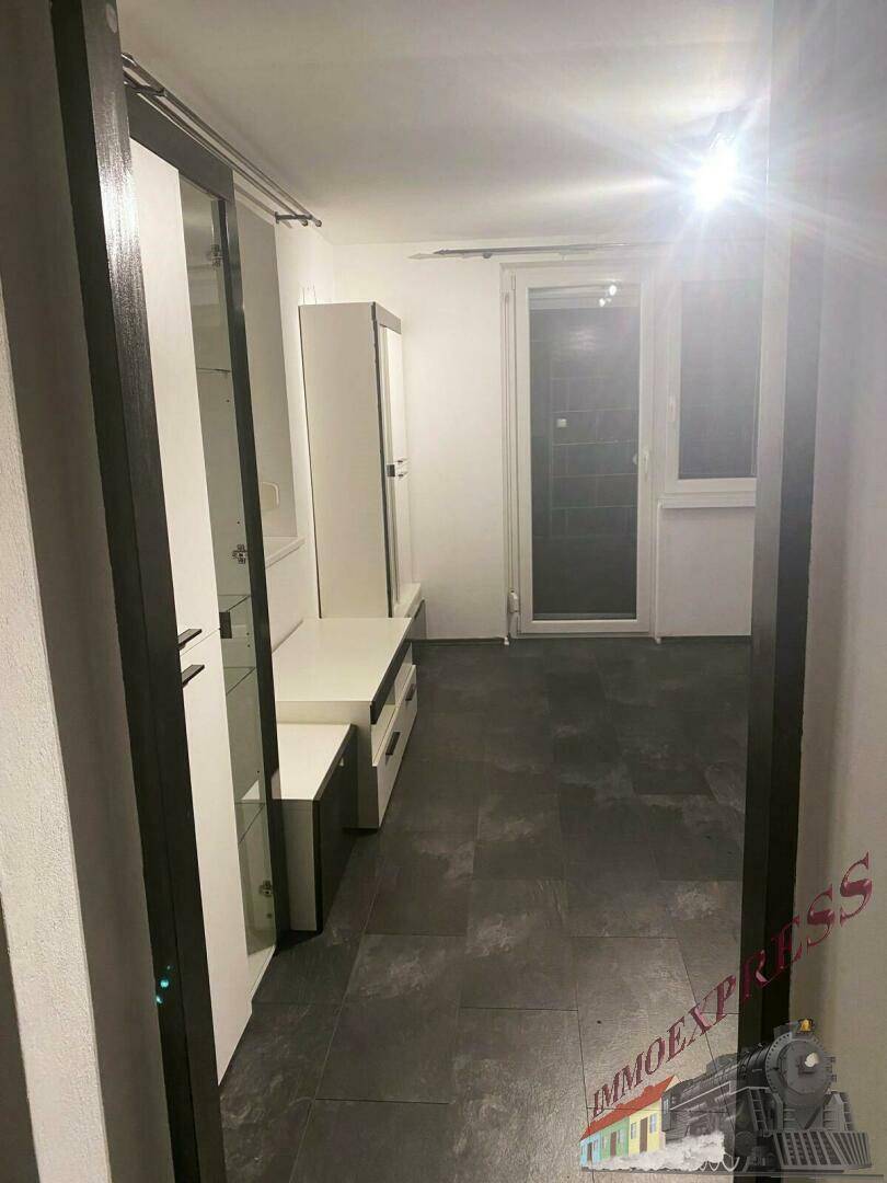 Heller Flur mit modernen Möbeln in Weiß und Schwarz, dunklem Boden und Außentür.