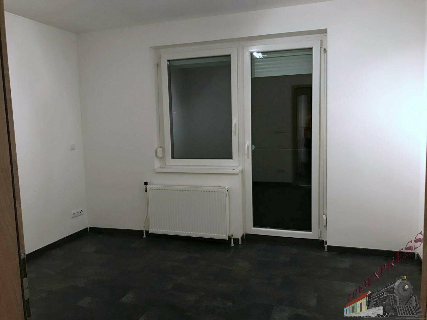 Leerer Raum mit weißen Wänden, dunklem Boden, Fenster und Außentür, ausgestattet mit Heizkörper.