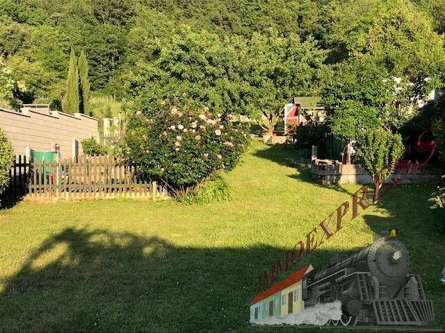 Sonniger Garten mit blühendem Rosenbusch, Holzzaun und Blick auf bewaldete Hügel.