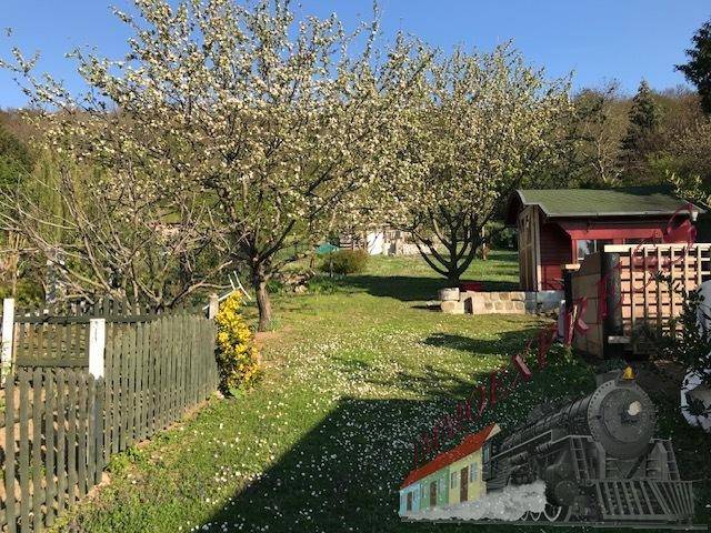 Frühlingshafter Garten mit blühenden Bäumen, Holzzaun, Gartenhaus und Wiese voller Blumen.