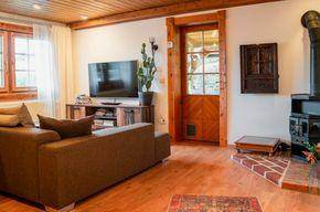 Wohnzimmer mit braunem Sofa, Fernseher und einem traditionellen Holzofen auf Holzboden.