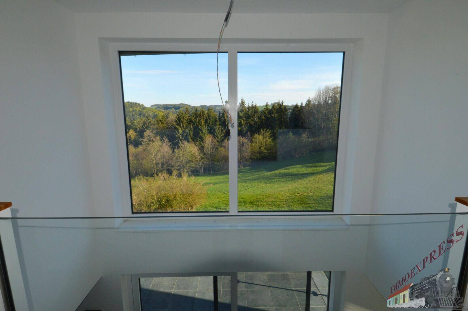 Offener Flurbereich mit Glasgeländer und weitem Blick in die Natur durch das große Fenster.