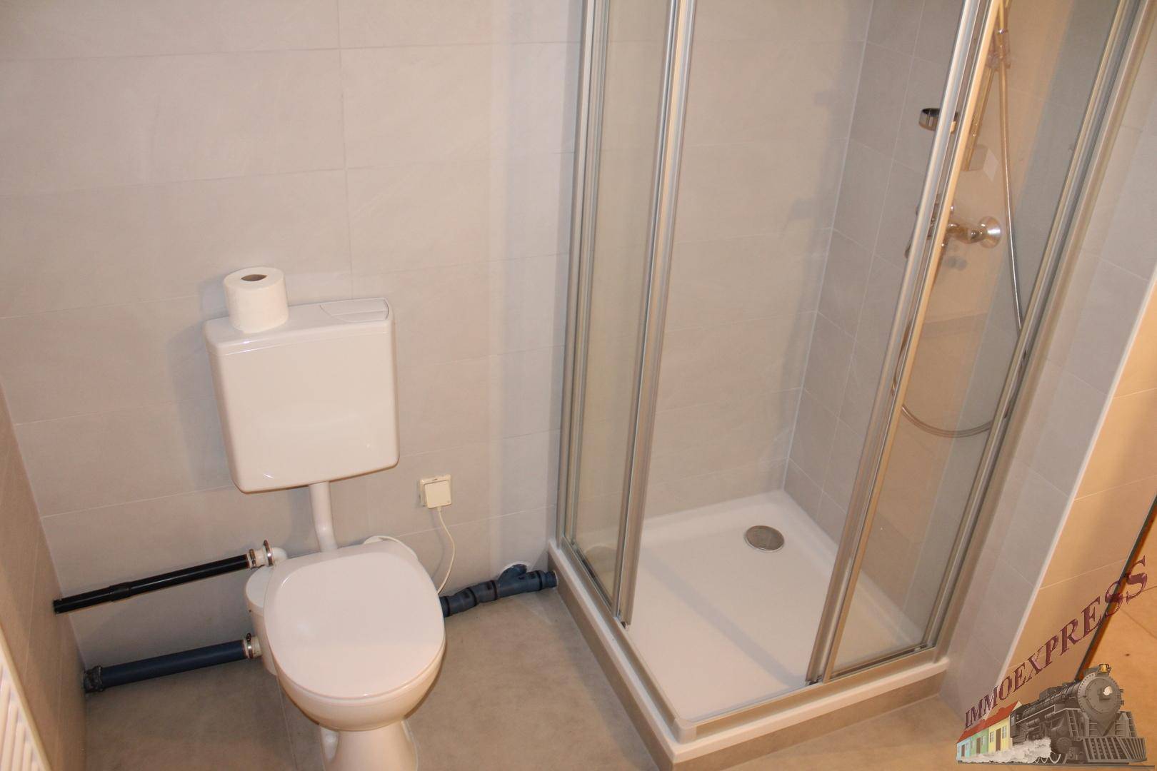 Kleines Badezimmer mit Toilette und Duschkabine, funktional eingerichtet.