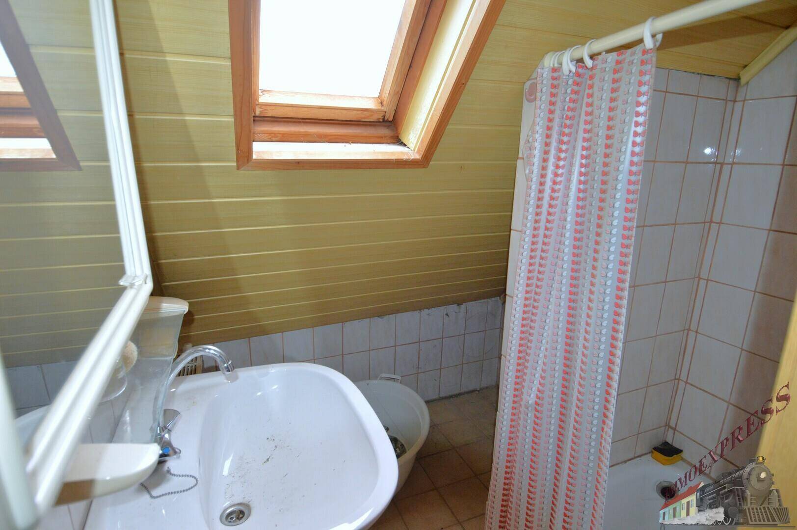 Badezimmer mit Dachfenster, Waschbecken und Duschvorhang, ausgestattet mit Holzverkleidung.