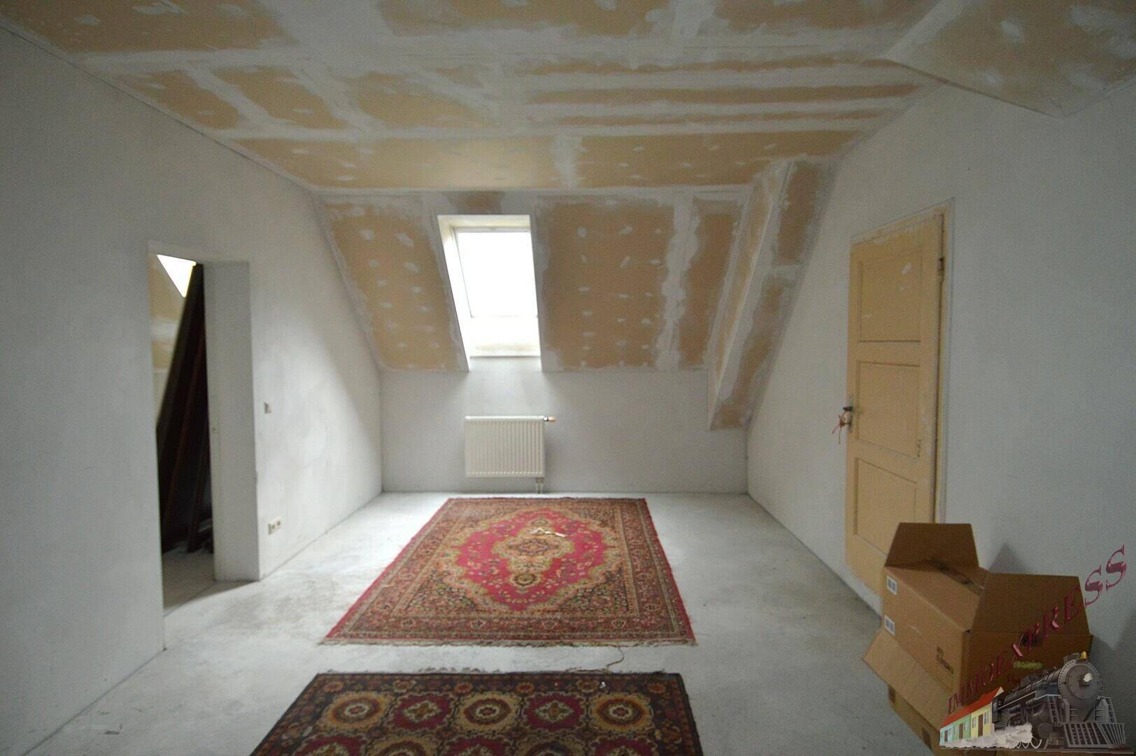 Großer Dachbodenraum mit Teppichen, Dachfenster und schrägen Wänden, ideal für zukünftige Nutzung.