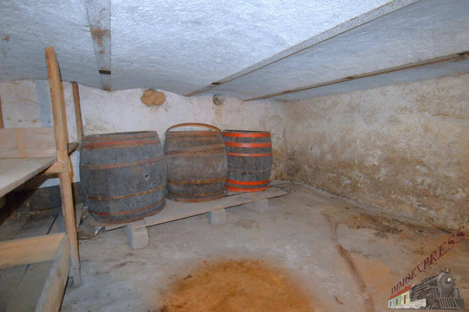 Rustikaler Kellerraum mit alten Holzfässern und einfachen Regalen, ideal für Weinlagerung.